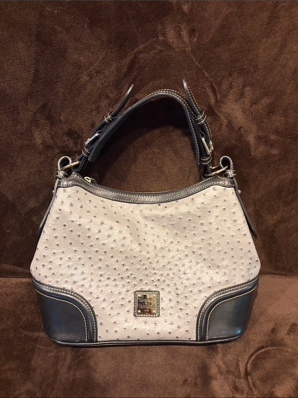 Dooney & Bourke Beige Ostrich-Embossed Shoulder Bag with Black Trim